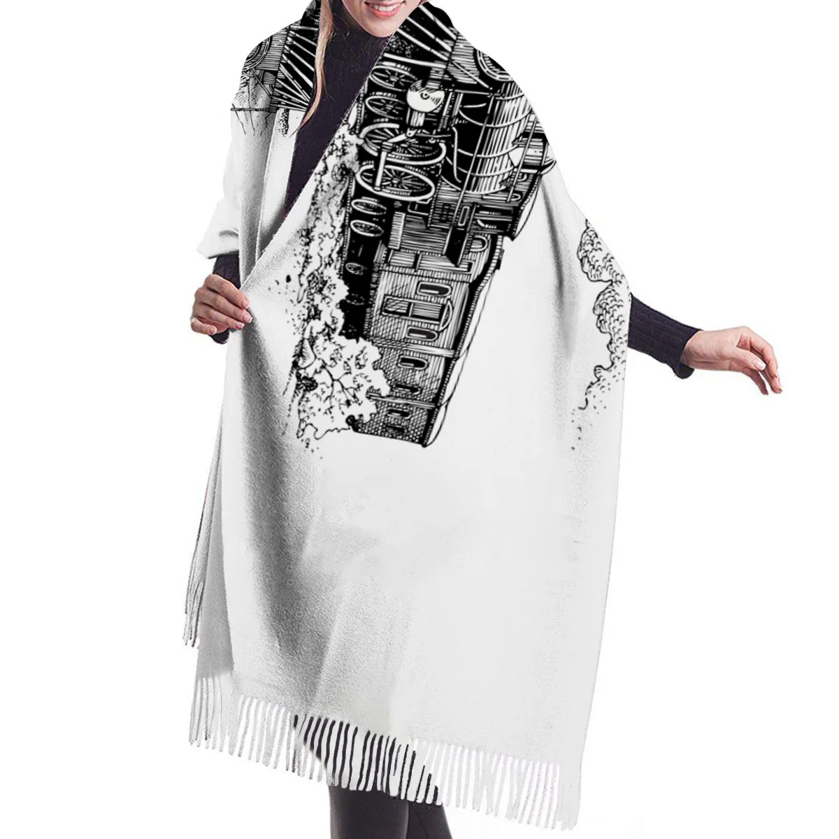 Модный белый и черный шарф со шлейфом унисекс Теплые осенние зимние шарфы