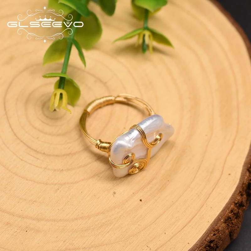 Кольцо GLSEEVO женское с натуральным белым квадратным барочным жемчугом ручной