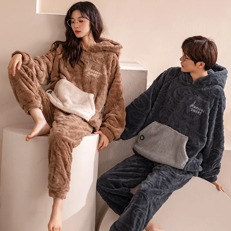 

Новый Зимний фланелевый милый Пижамный костюм для пары, женская Свободная Повседневная Домашняя одежда, мужской комплект из двух предметов...