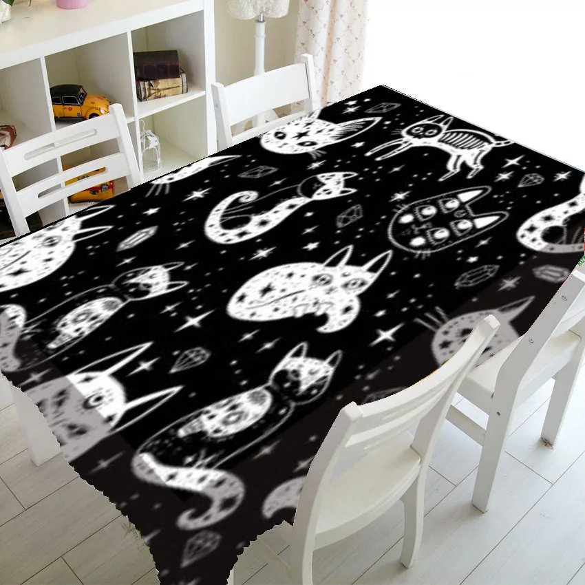 

Black White Gothic Witch's Cat Halloween Party Decor Satanic Skull Skeleton Cats Table Cover Cloth Rectangle Square Tablecovers