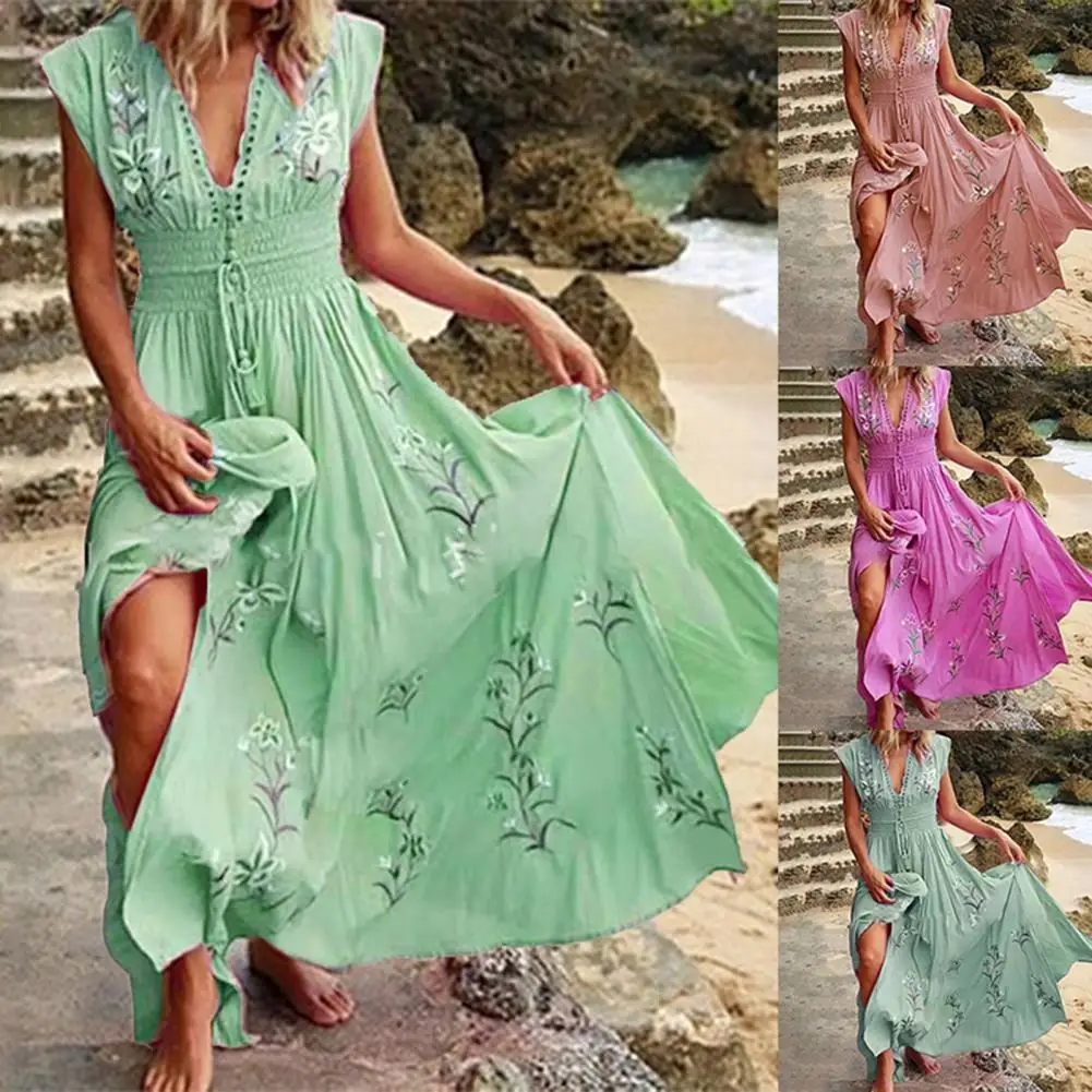 Women Maxi Dress Sleeveless V Neck Floral Print Large Hem Long Dress Boho Lady Sleeveless Party Beach Dresses Vestidos 2021 New