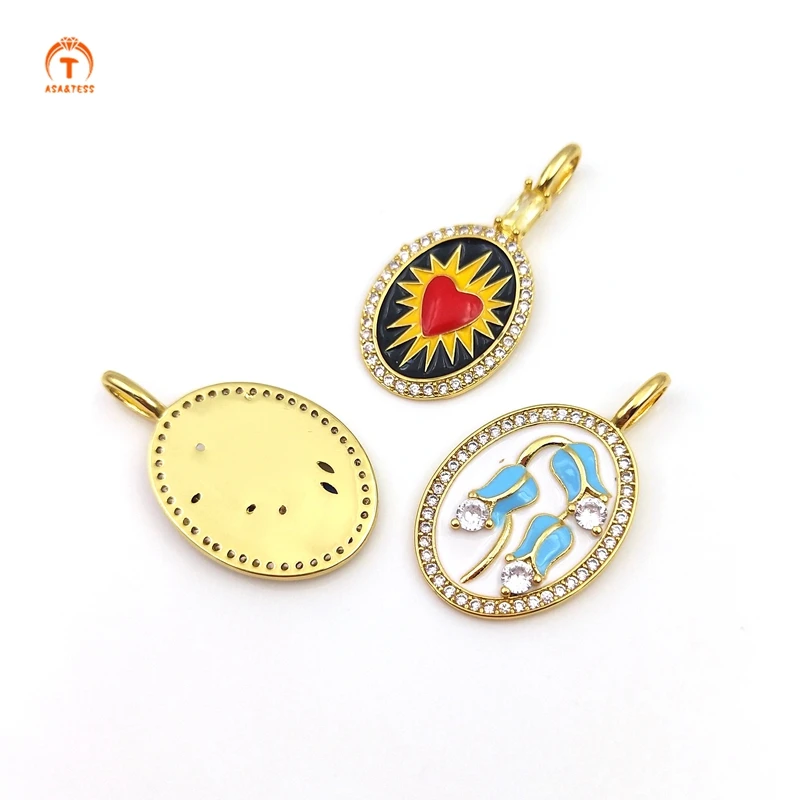 

5pcs Cubic Zircon Brass Plated Flower Heart Shape Pendants Shiny Exquisite Gold Oval Pendant For Women Necklace Making Jewelry