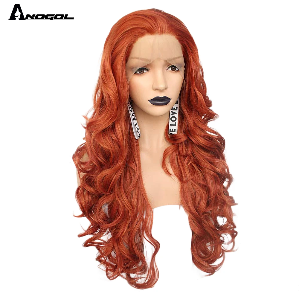 Аногол синтетический кружевной передний парик длинный оранжевый свободная