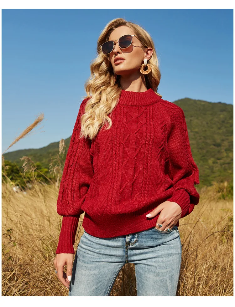 

Donsignet Women's Sweater Fashion Spring High Neck Pullover Pure Color Cable Flower Lantern Sleeve Knitted Long Sleeve Sweater