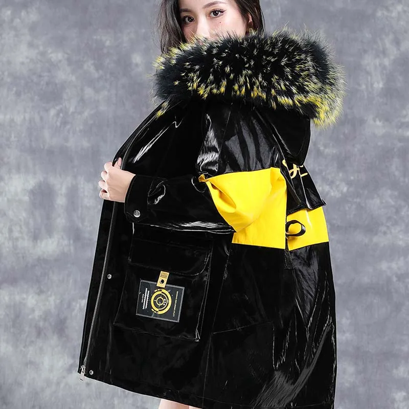Black Glossy Parkas Women Winter Jacket Hooded Zipper Raccoon Dog Fur Collar Rabbit Fur Coats Fashion Trendy Mid-length Overcoat