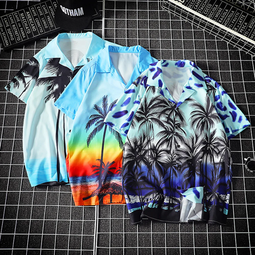 

2020 Summer Hawaiian Shirts Men Turn-down Collar Plant Print Clothes Short Sleeve Casual Button Shirt Blue Loose Aesthetic Tops