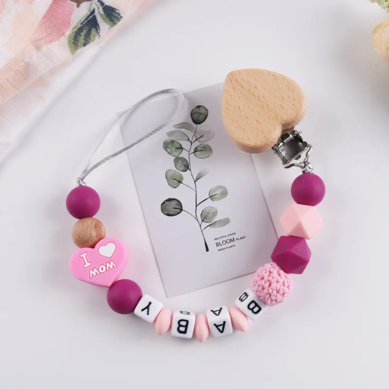 Cadena de chupete de madera de haya para beb&eacute;, clip de silicona personalizado, soporte para chupete, mordedor para beb&eacute; roedor-3