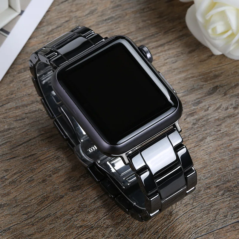 

Ceramic Strap for Apple Watch Band 41mm 45mm 44mm 40mm 42mm 38mm Stainless Butterfly buckle bracelet iWatch serie 3 4 5 6 se 7