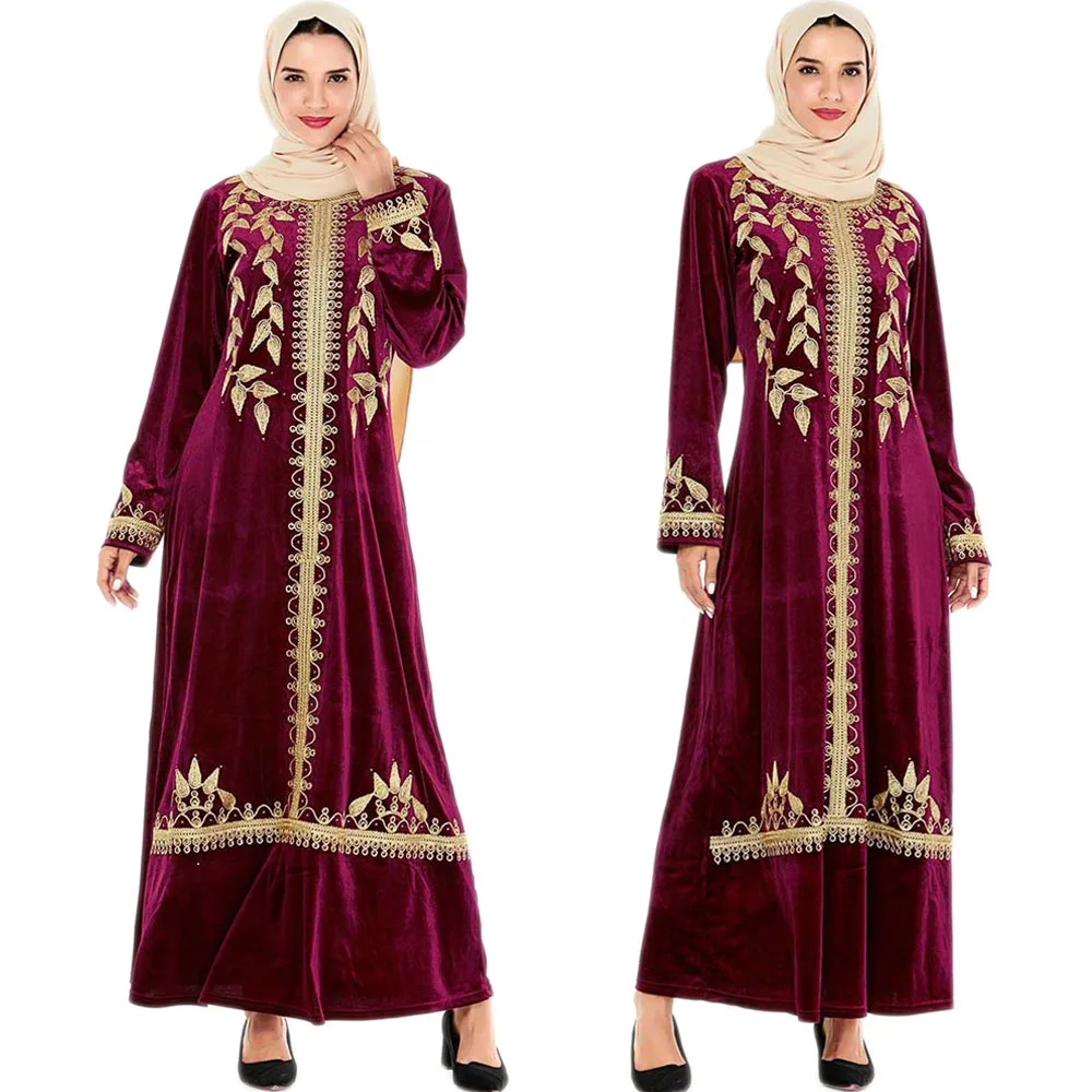 Элегантное женское платье с вышивкой, длинным рукавом, длинное платье в мусульманском стиле, Средний Восток, бархатное платье макси в стиле ...