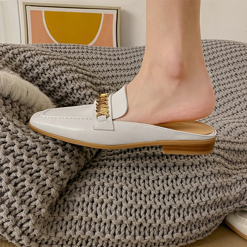 

JOCHEBED HU Round Toe Shoes For Women Hanged Metal Shallow Women Mulus Genuine Leather Low Heels Pumps Female Working Basic Shoe