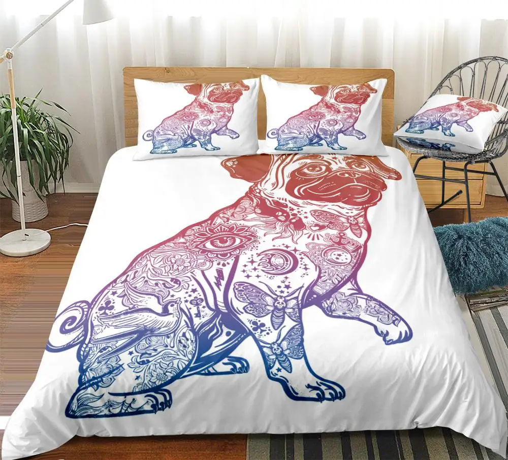 

3 Pieces Bulldog Duvet Cover Set Boho Bulldog Bedding Flowers Dog Quilt Cover Queen Bed Set Hippie Dog Home Textiles Dropship