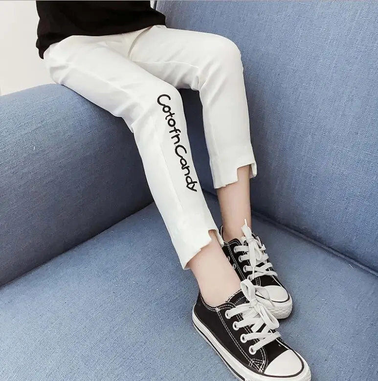 Весенние вышитые леггинсы с надписью для девочек-подростков белые черные узкие