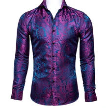 Barry.Wang Luxury Rose Red Paisley Silk Shirts Men Long Sleeve Casual Flower Shirts For Men Designer Fit Dress Shirt BCY-0029