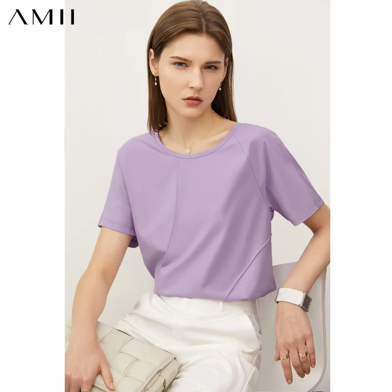 

Amii минимализм летние женские футболки Модная свободная футболка с круглым вырезом для женщин повседневные складные Топы женские хлопковые...