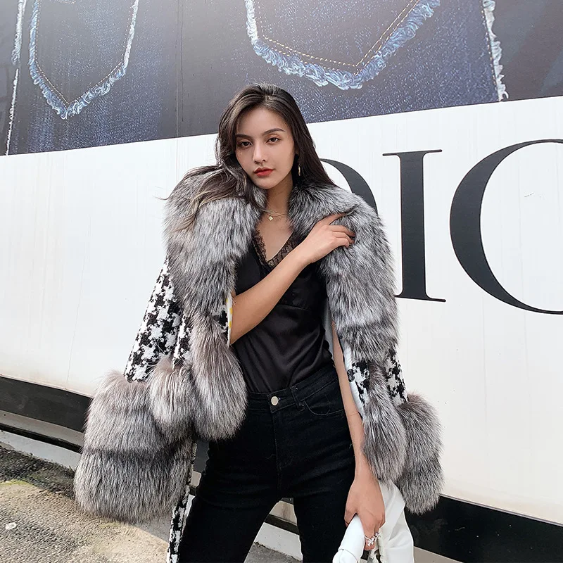 

Пальто женское Шерстяное в клетку, с воротником из лисьего меха, короткое, Осень-зима, 2021