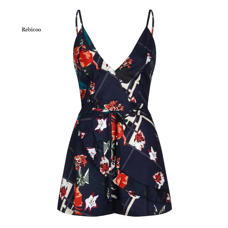 

Women's Summer Print Jumpsuit Short Pants Casual Slim Bandage V-Neck Beach Rompers Sleeveless Bodysuit Sexy Playsuit