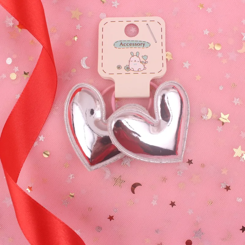 Silver Новинка года, искусственная кожа, неровные, 50 мм, Детские эластичные резинки для волос с сердечком, для девочек, аксессуары для волос для детей, 2 шт./лот - Цвет: Silver
