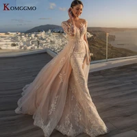 high end full sleeve embroidery appliques tulle detachable train bridal gown 2022 hot sale o neck 2 in 1 mermaid wedding dress