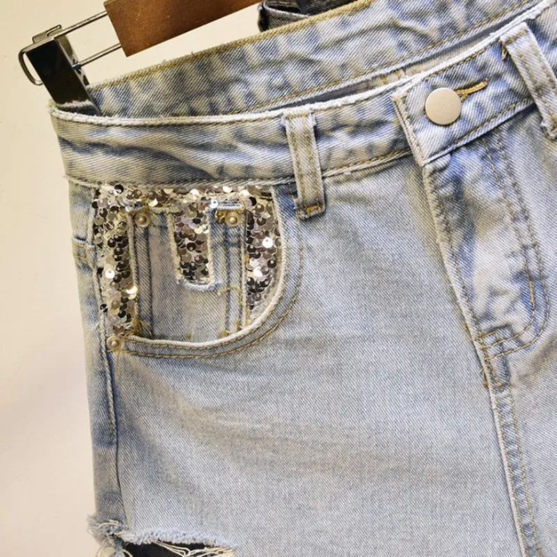 Сексуальные женские рваные джинсовые шорты с высокой талией расшитые блестками