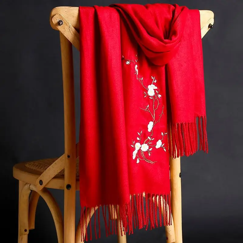 

Осень-зима 2020, новый шарф из искусственного кашемира с вышивкой, женский толстый однотонный теплый шарф с бахромой, шаль, оптовая продажа