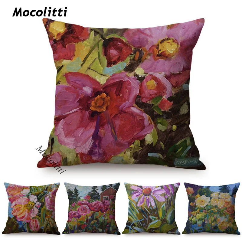 

Разноцветные цветы масляная живопись стильные наволочки РОЗА Подсолнух фиолетовая ваза домашний Декор Гостиная диван квадратные подушки ...