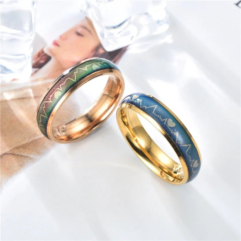 

Couple Rings Stainless Steel Heartbeat Men's and Women's Ring Titanium Steel Thermochromic Ring Support Lettering