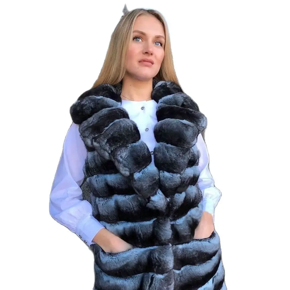 120cm Long Real Rex Rabbit Fur Vest Turn-down Collar Light Blue Women Casual Full Pelt Rex Rabbit Fur Coats Sleeveless Outwear enlarge