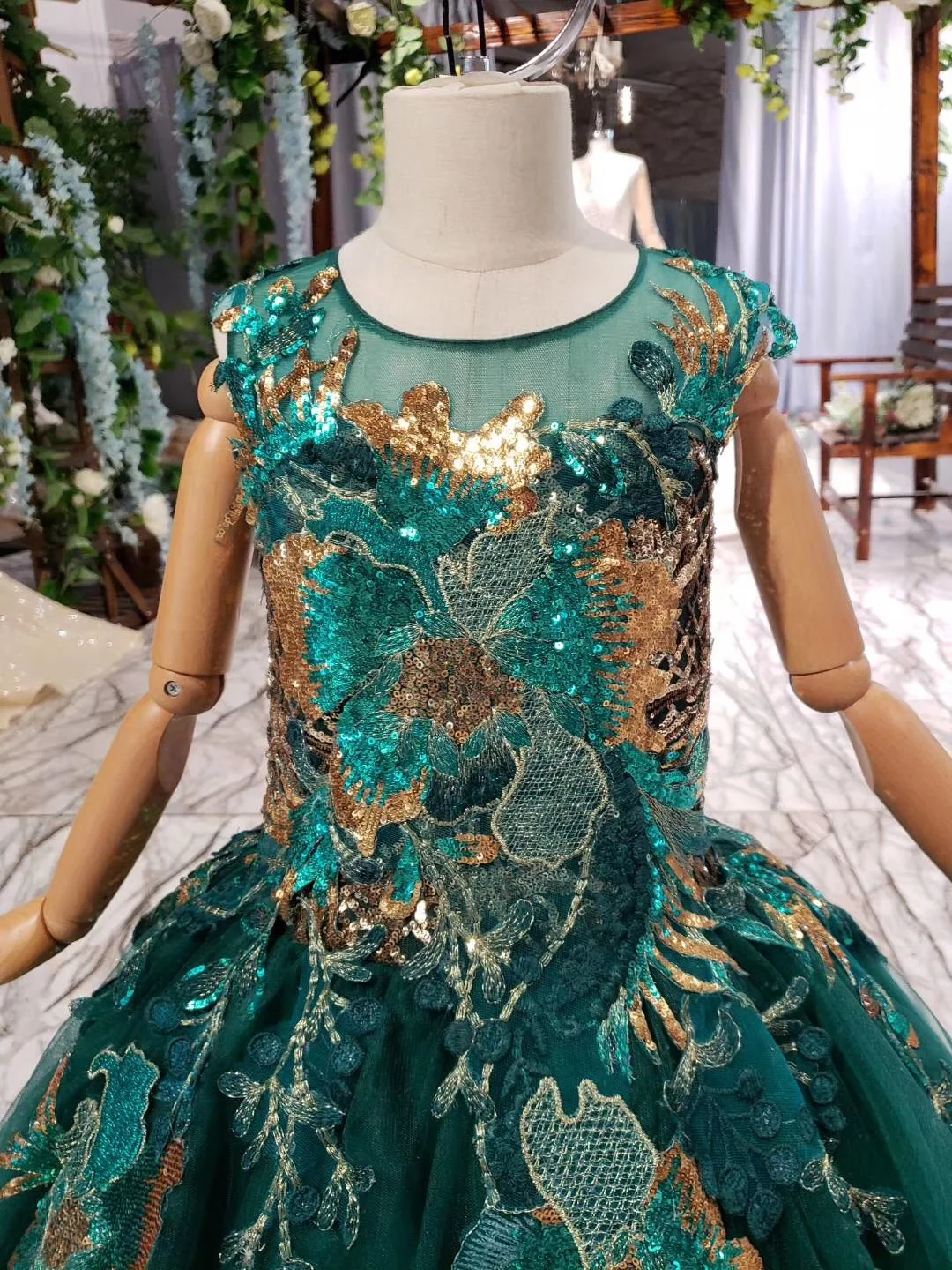 Бальные платья принцессы с пачкой Детские пышные Блестящие Зеленые кружевные