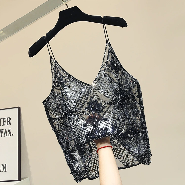 Sexy Sequin Bead Sling 2021 New Summer Female Crop Top Black Camisole Women's Fashionable Knitted Outer Wear Base Shirt