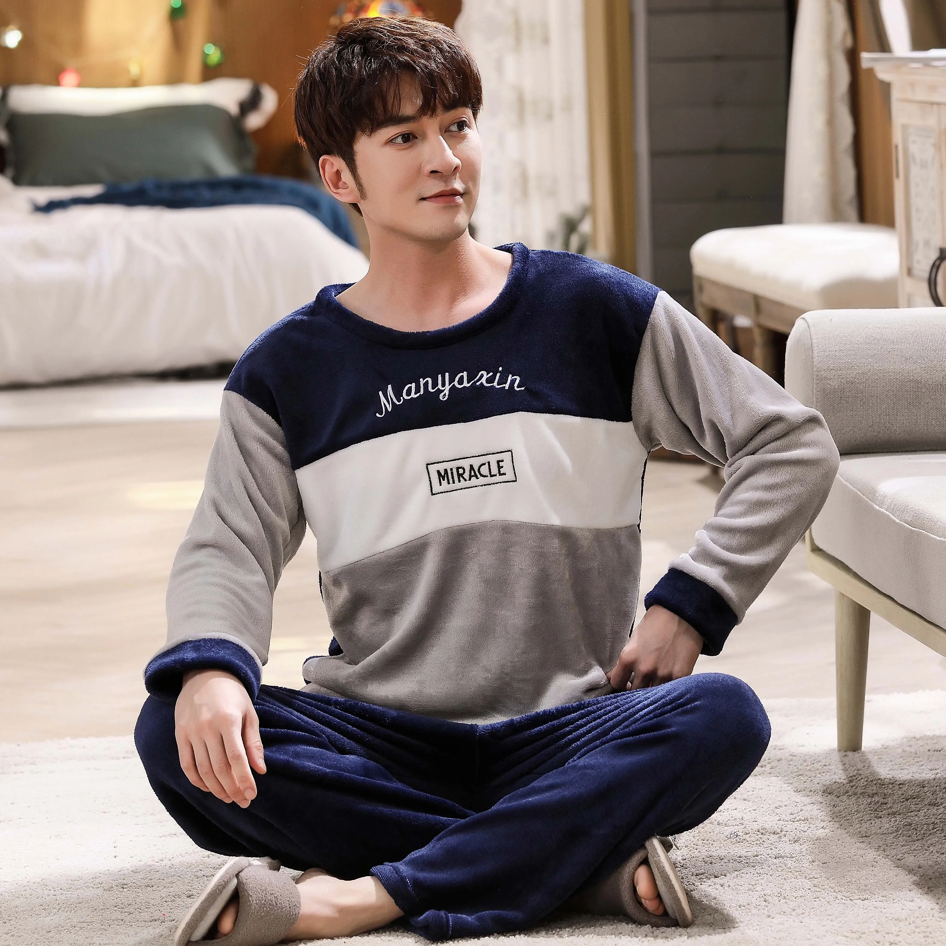 

Pajama Man Warm Sleepwear Men's Flannel Winter Thick Pajamas Men Long Sleeve Casual Men's Winter Pajamas Fleece Sleepwear 3XL