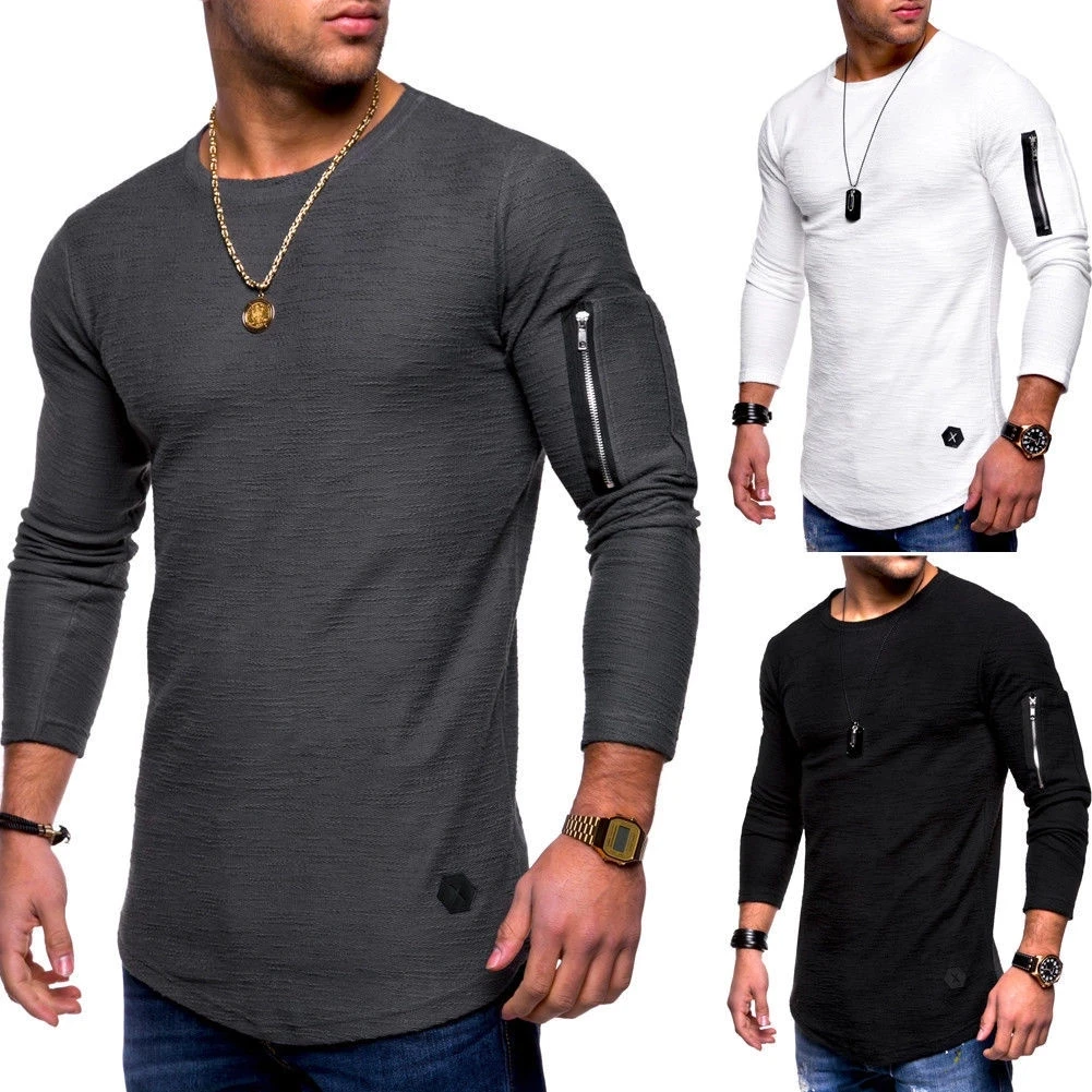 

Men's Casual Shirt Men's Cotton T-shirt Pure Color Zipper Shirt Mens Long Sleeved Shirts Stitc Round Neck Long-sleeved T-shirt