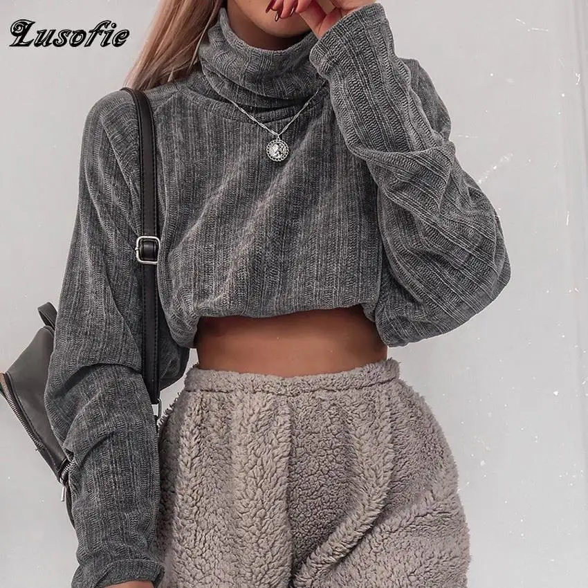 Lusofie/серый однотонный топ с длинными рукавами и высоким воротником Новинка