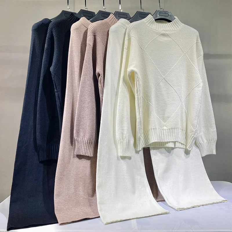 저렴한 2021 여성 Tracksuits 세련 된 2 조각 세트 니트 솔리드 라운지 양복 캐시미어 혼합 풀 오버 스웨터 넓은 다리 바지 두 조각 세트