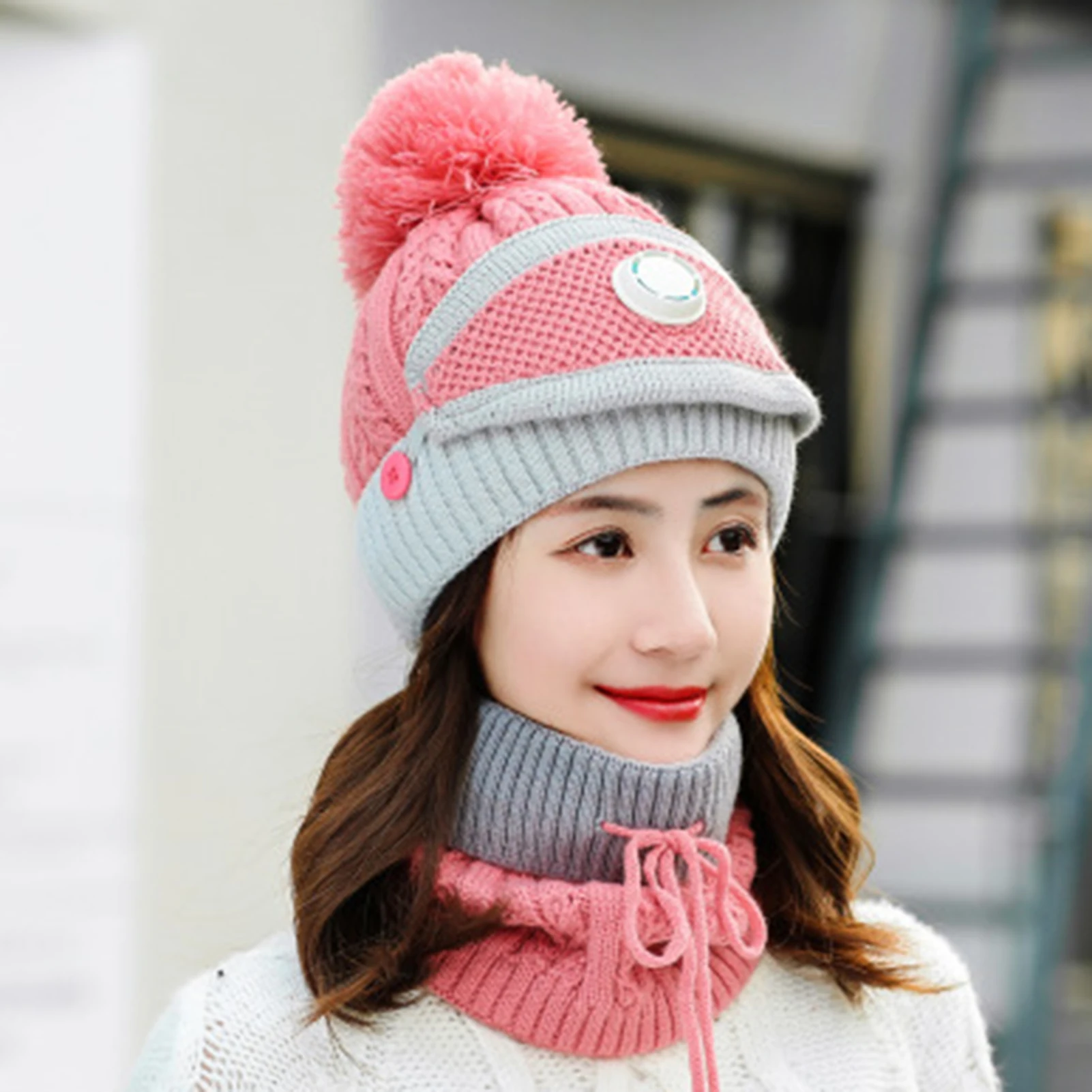 

Female Winter Warm Knitted Circle Loop Scarf Face Cover Valve Plush Woolen Cap