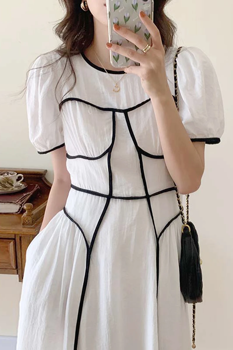 

ZCSMLL Korean summer elegant round neck, thin, high waist, line split, contrast color, puff sleeve dress, long skirt 2021 Tide