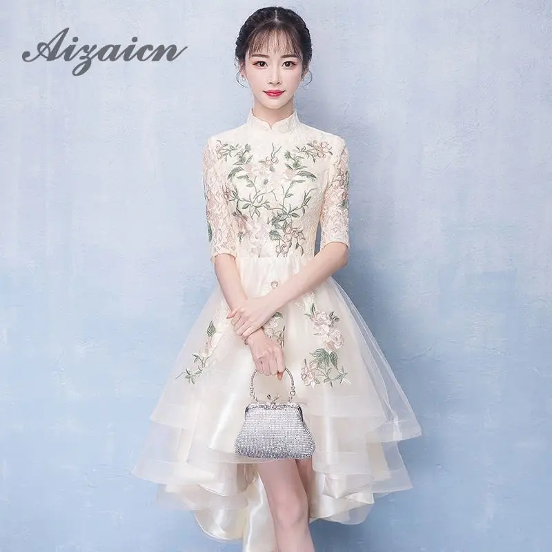 

Irregular Lace Evening Dress Bridesmaid Summer Qipao Chinese Traditional Women Asymmetrical Cheongsam Oriental Style Dresses