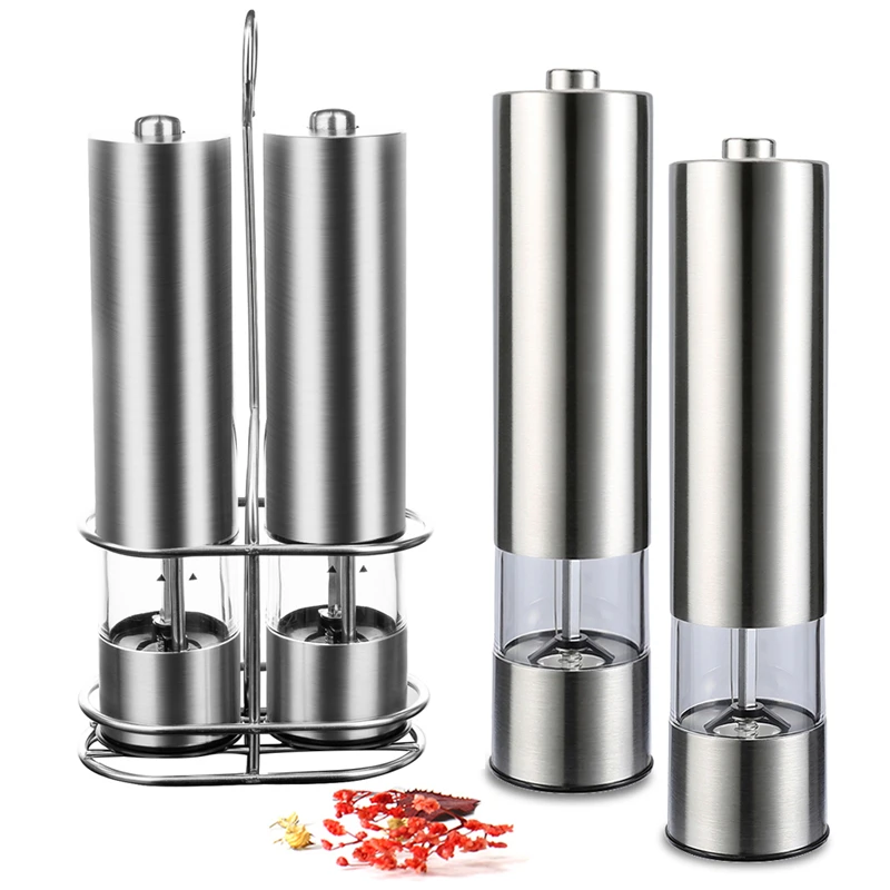 Electric Pepper Mill With Portable Stand Kitchen Automatic Salt Pepper Grinder Set Stainless Steel Spice Grinder With Led Light