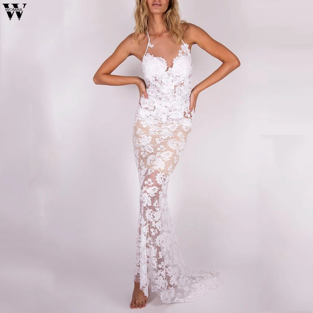 Женское кружевное платье макси с глубоким v образным вырезом и открытой