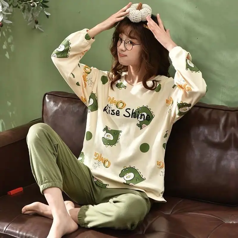 Long-sleeved Pajamas Women Spring Autumn Cartoon Cute Ladies Pyjama Long-sleeved Trouser Two-piece Comfortable Home Service Suit