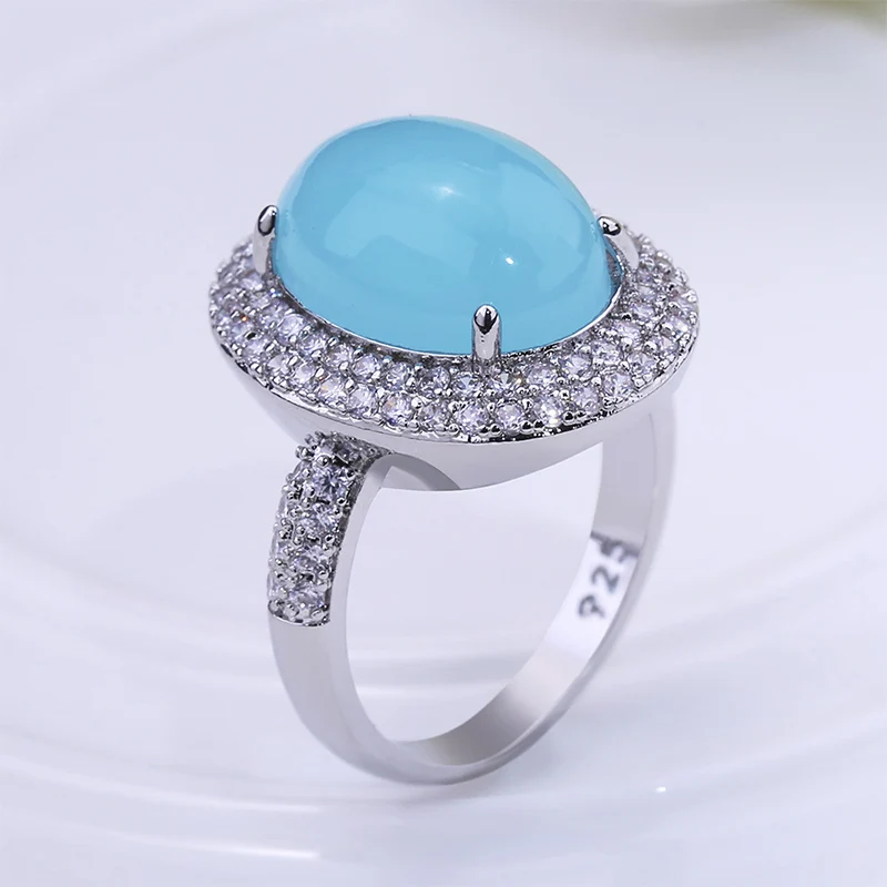 Luxury Big Blue Oval Moonstone Ring For Women Girl Fashion Crystal Silver Color Rings Wedding Engagement Jewelry Anillos Mujer | Украшения