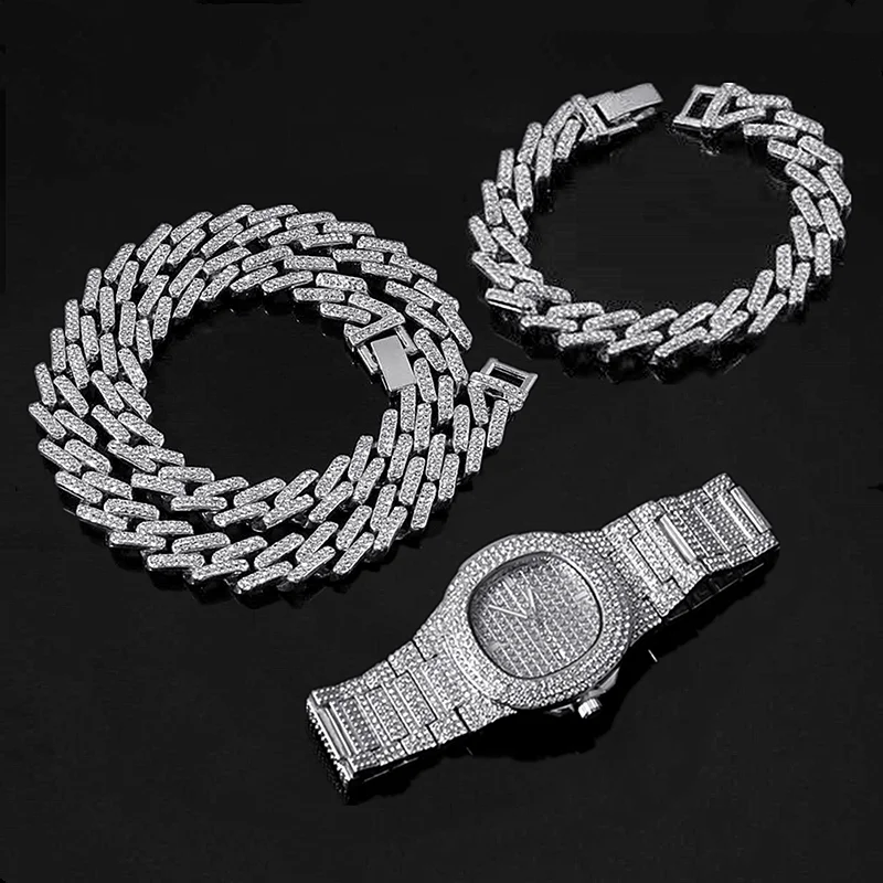 

Hip Hop Miami Curb Cuban Link Chain Men Choker Iced Out Paved Rhinestone Bling Man Male Jewelry Set Watch Necklace Bracelet