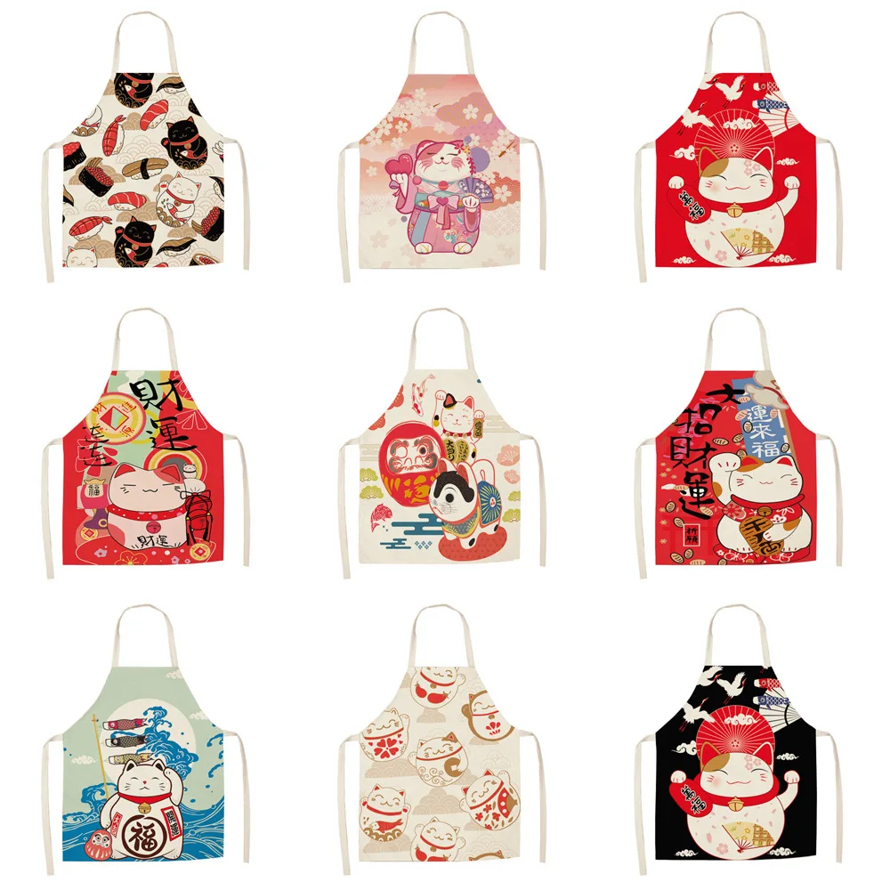 

Льняной Фартук счастливая кошка, фартук для уборки, домашний кухонный фартук, домашнее украшение, фартук горничной