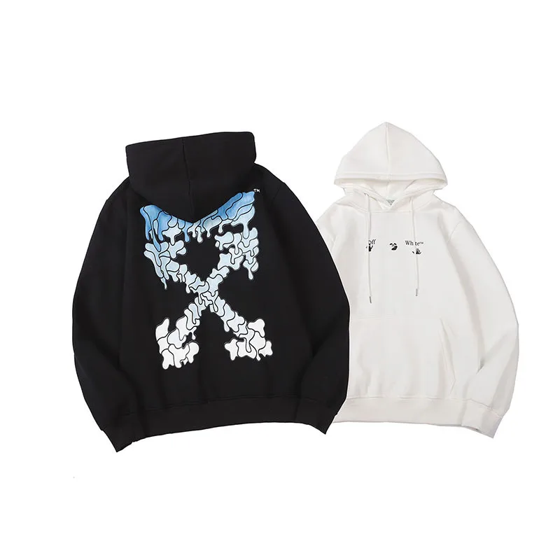 

Fall/Winter Men's Black Hoodie OW Pullover Sweater Blue Gradient Ice Snow Arrow Print