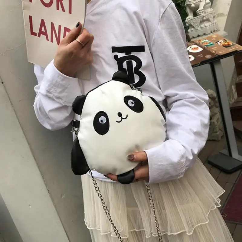 Cartoon Funny Personality Childlike Pu Panda Shoulder Bag Fashion Hit Color Cute Ugly Chain Messenger Bag