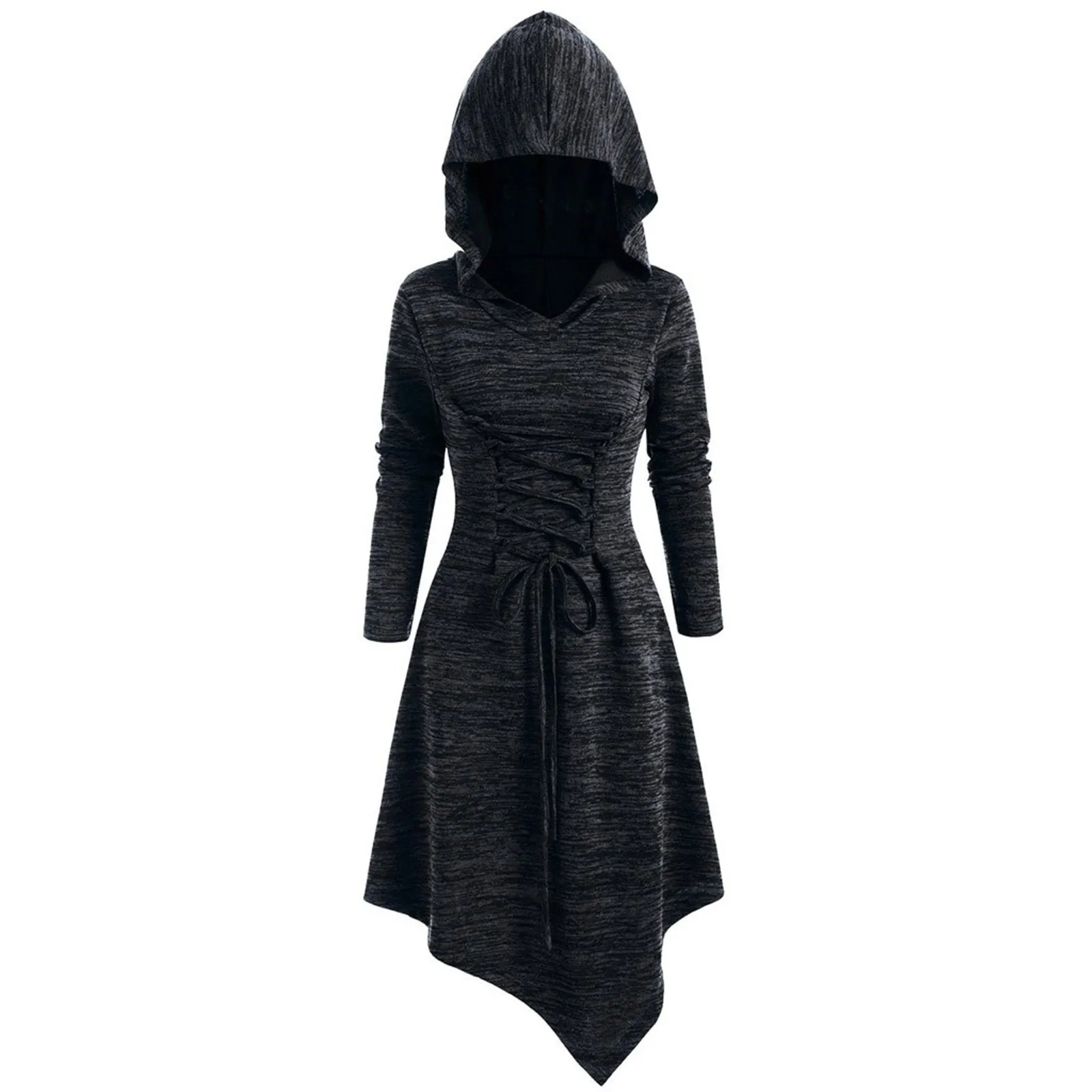 

Autumn Women Casual Loose Daily Lace Up Heathered Asymmetric Hooded Dress Top Fashion Comfortable Blouse платье женское