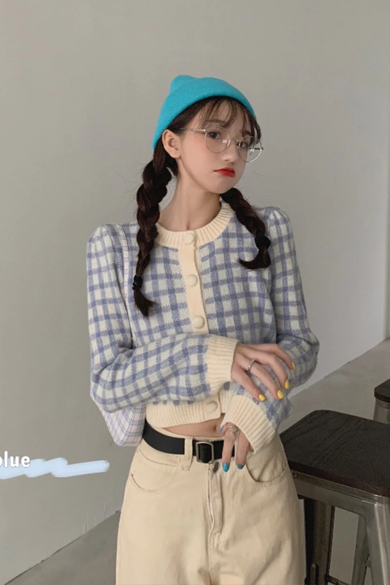

Plaid Sweater Coat Women's Autumn and Winter 2020 New Korean Style Loose All-Matching Short Knitted Cardigan Long-Sleeved Top