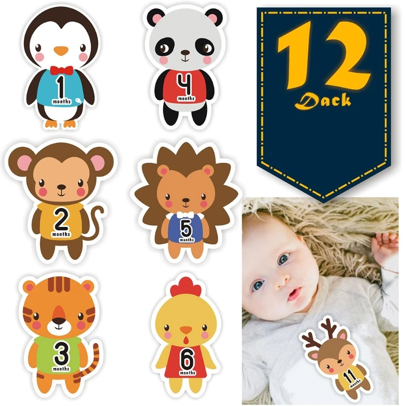 

12 Pcs/Set Cartoon Animal Baby Pregnant Monthly Stickers Memory Recording Milestone Sticker Newborn Growth Props