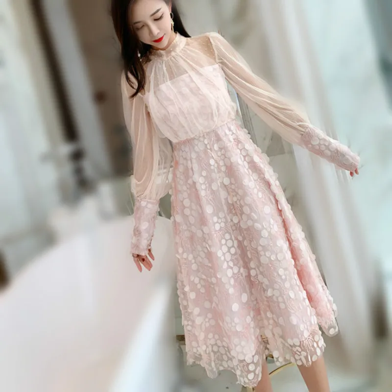 Осеннее женское милое розовое Сетчатое платье с рукавами фонариками женские