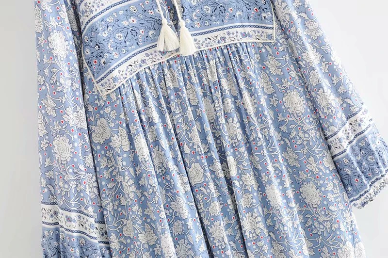 Boho Queens Women Long Sleeve Lace-up Floral Porcelain Print Beach Bohemian Maxi Dresses Ladies Tassel Rayon Happie Dress Robe | Женская