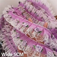 5cm wide luxury double layers mesh purple organza pleated lace applique trim embroidery flowers ribbon diy sewing fringe decor